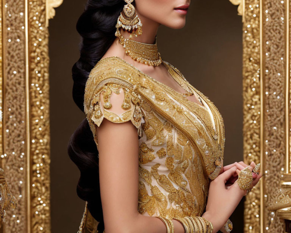 Traditional Attire and Jewelry with Gold Embroidery on Woman in Golden Setting