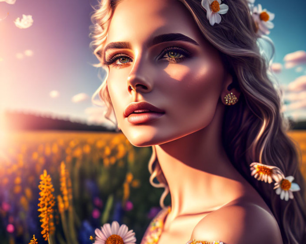 Woman with Floral Headpiece in Vibrant Flower Field at Sunset