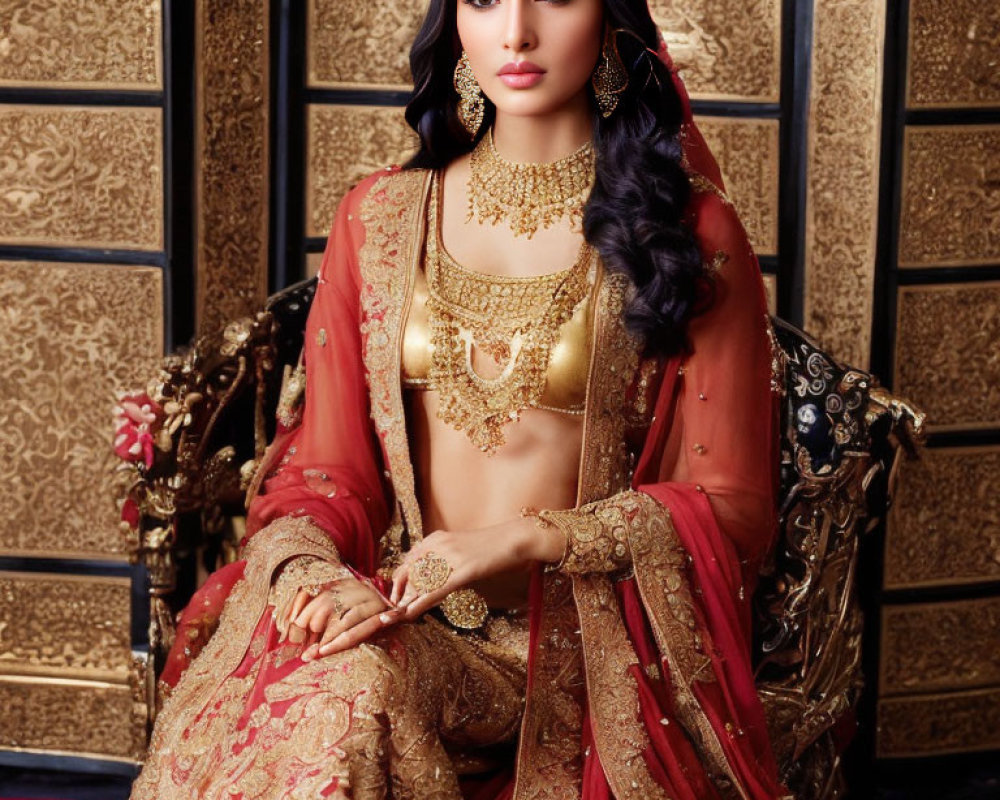 Traditional Indian Bridal Attire with Gold Embroidery on Elegant Woman