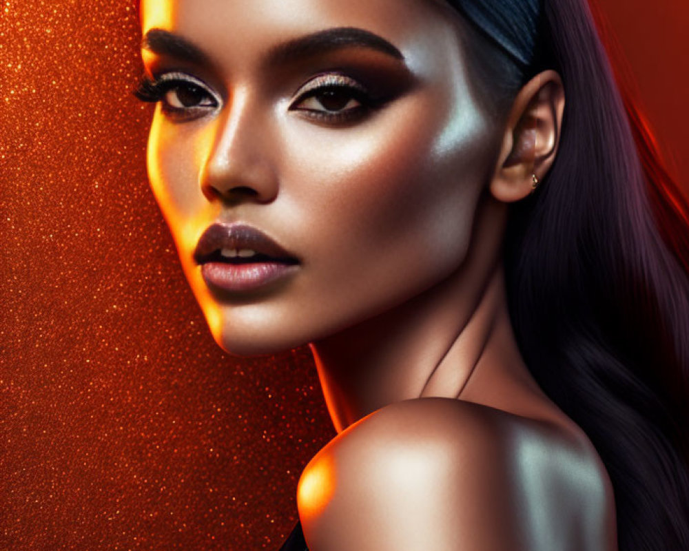 Sleek Hair and Dramatic Makeup on Woman with Orange Sparkle Background