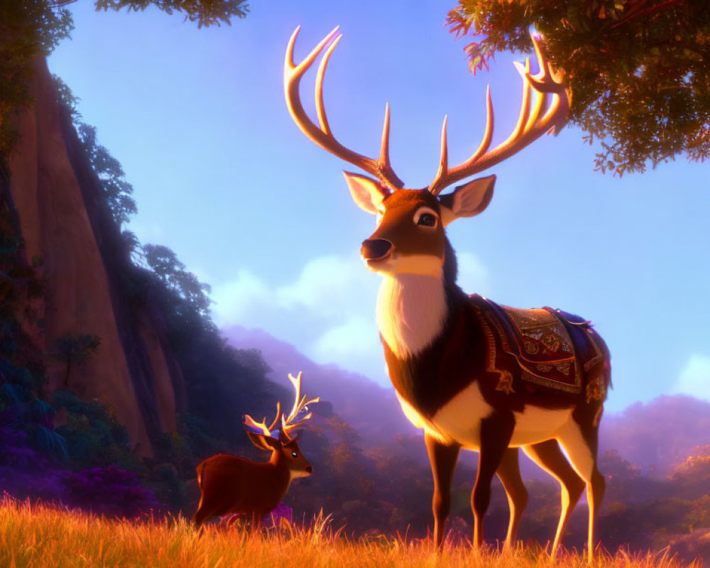 Sunlit forest clearing with two animated deer surrounded by lush trees and colorful flora