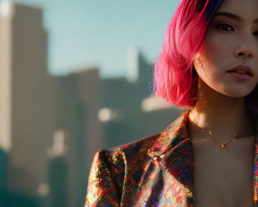 Vibrant pink-and-blue hair person in shimmery jacket at golden hour