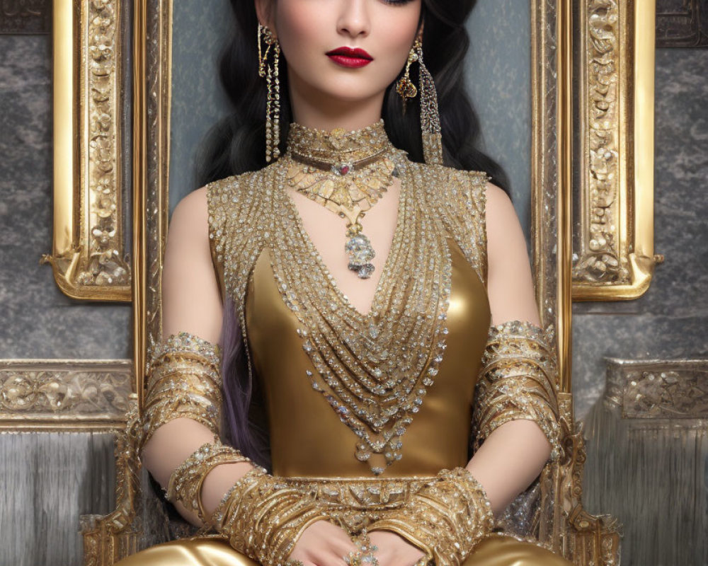 Luxurious Golden Dress and Intricate Jewelry on Elegant Woman