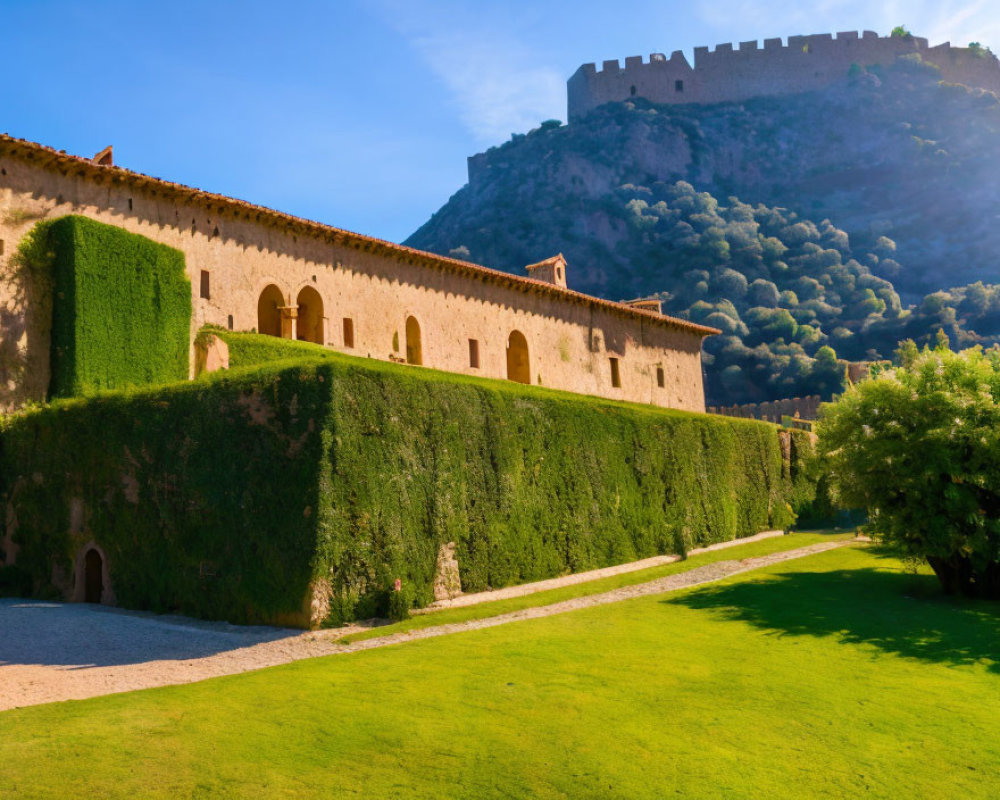 Stone building with ivy-covered archways, hedge, grassy lawn, and hilltop castle under