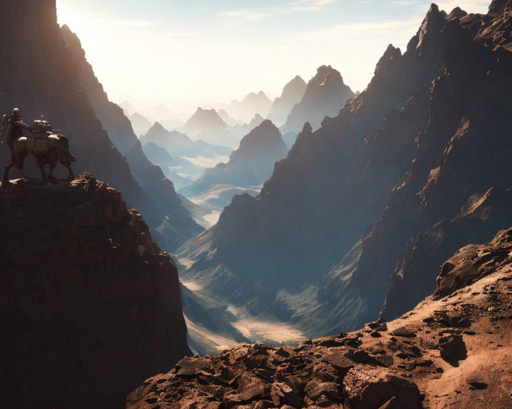 Desert valley with robot and mountains in clear sky