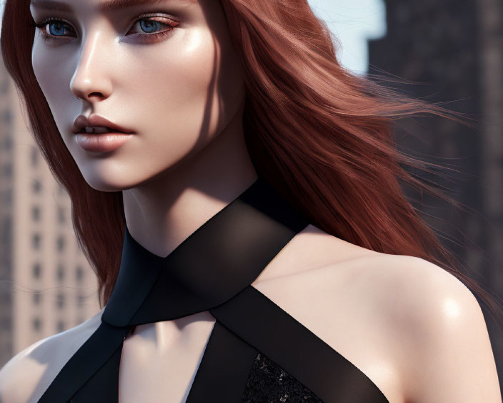 Digital portrait of woman with red hair and blue eyes in black outfit against skyscrapers