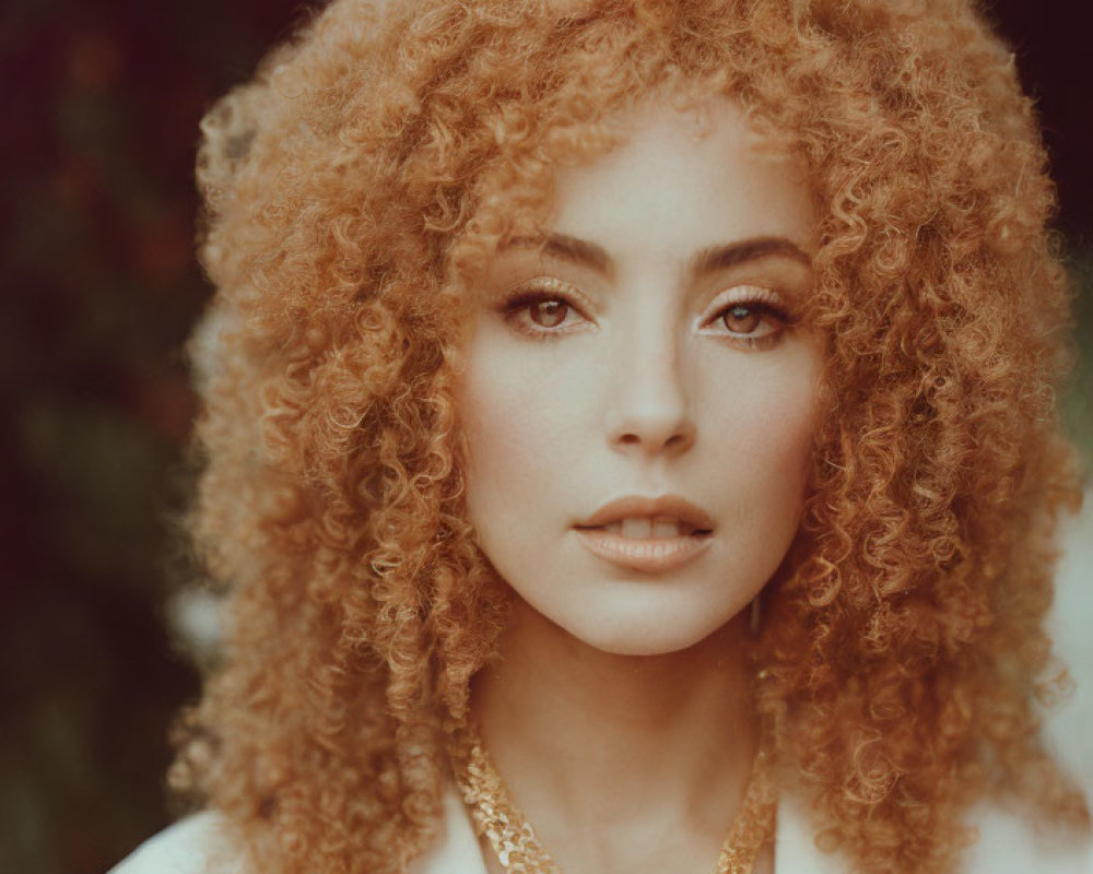 Curly-haired woman in white jacket with statement necklace