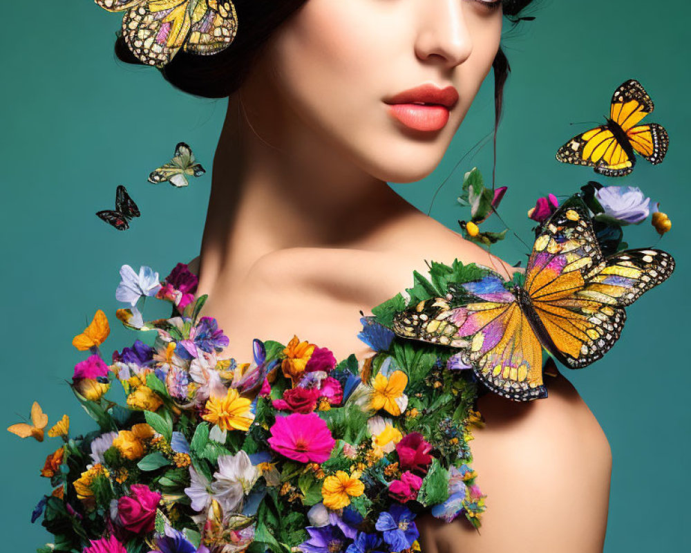 Colorful woman with vibrant makeup, butterflies, and flowers on teal background