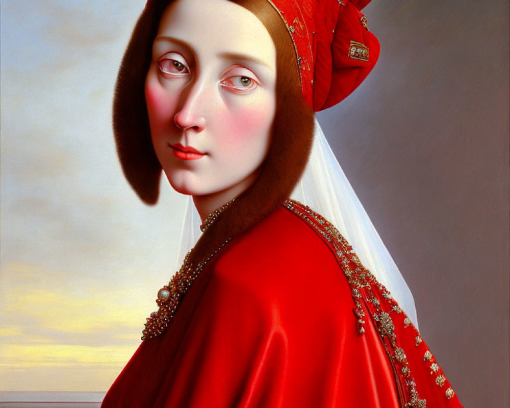 Hyperrealistic Painting: Symmetrical Woman in Red Headdress, Fur Collar, White Veil