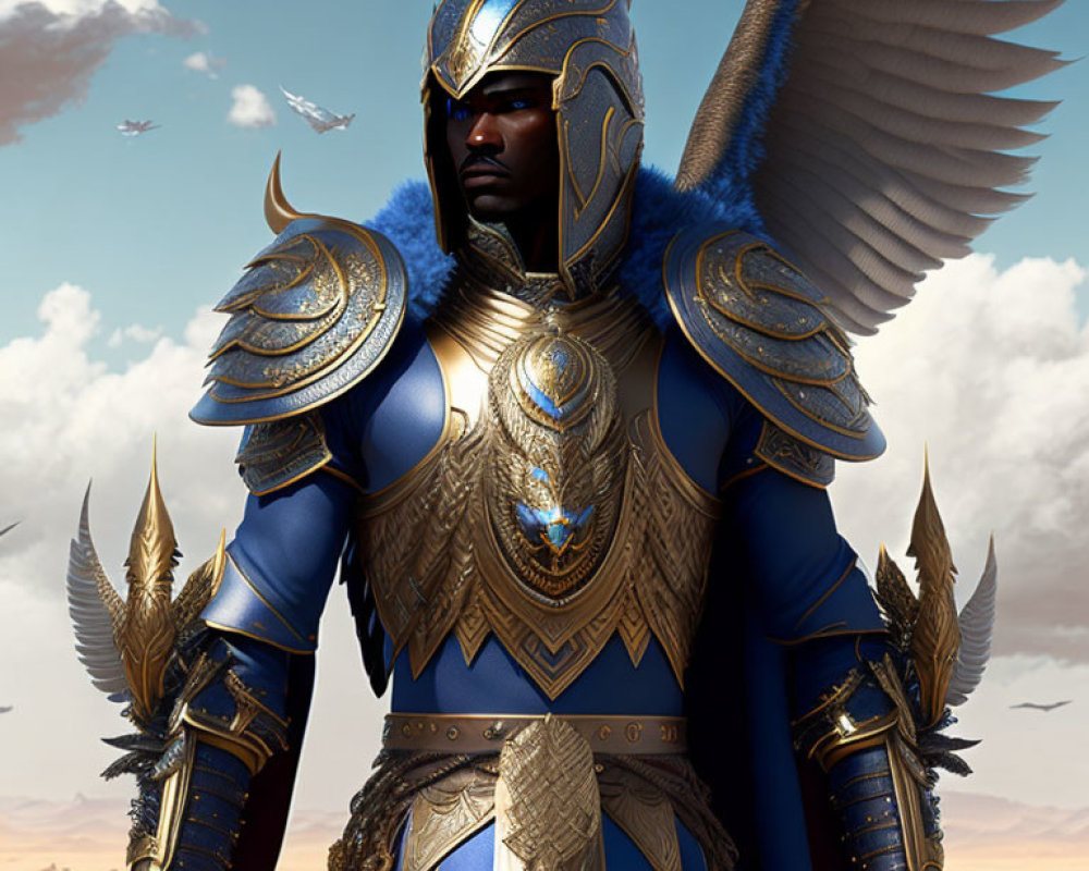 Regal figure in blue and gold armor with wings and helmet in desert landscape