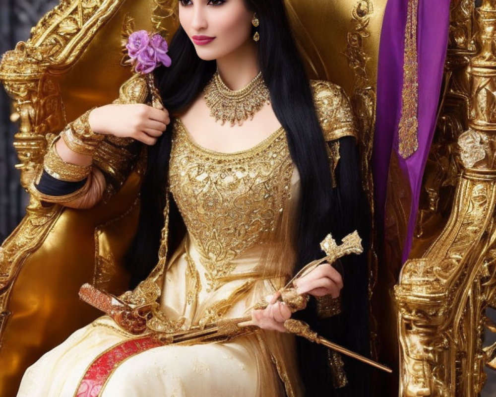 Woman in ornate golden dress on throne with purple flower and scepter