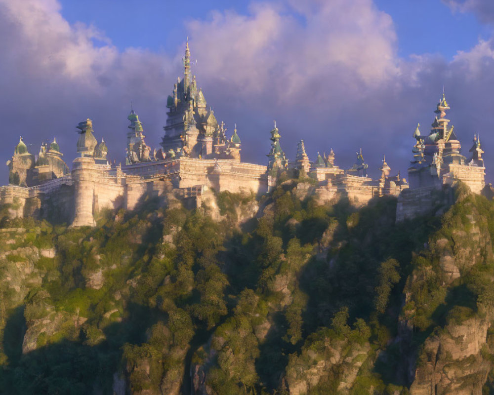 Mystical castle with multiple spires on forested cliff in warm sunlight