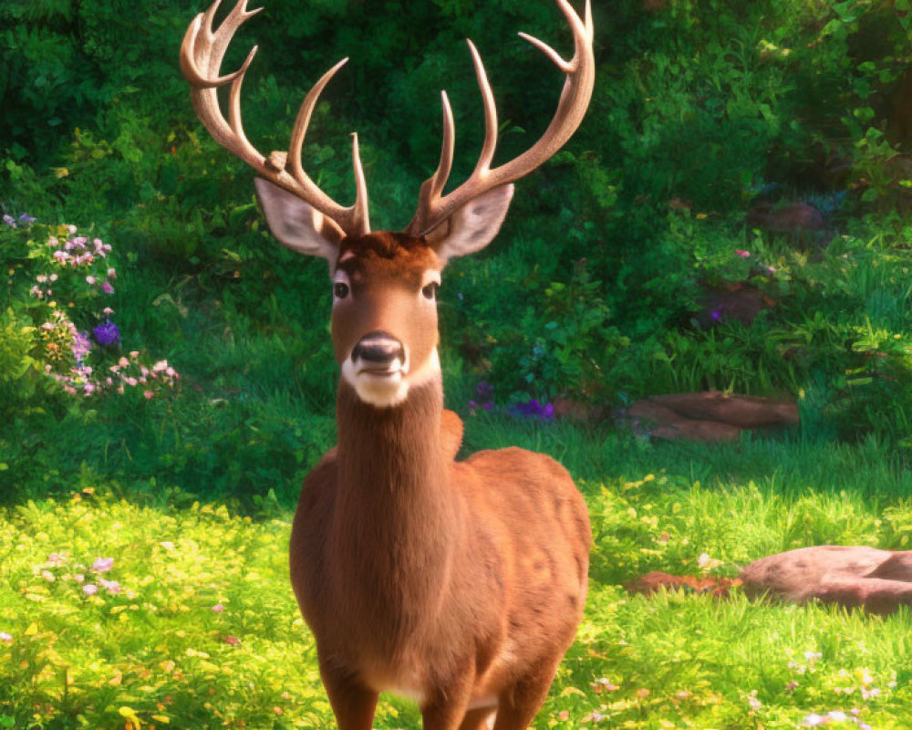 Animated deer in sunlit forest clearing with greenery & flowers