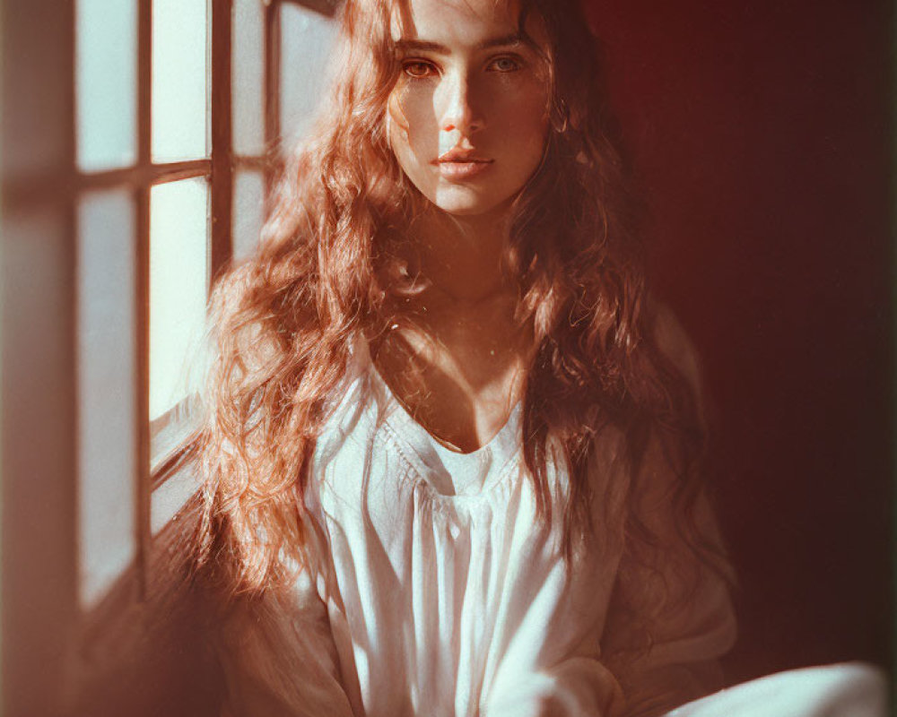 Long-Haired Person in White Blouse Sitting by Sunlit Window