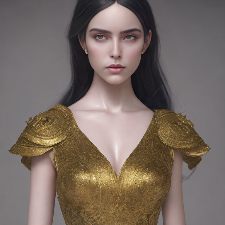 Portrait of woman with porcelain skin in golden dress