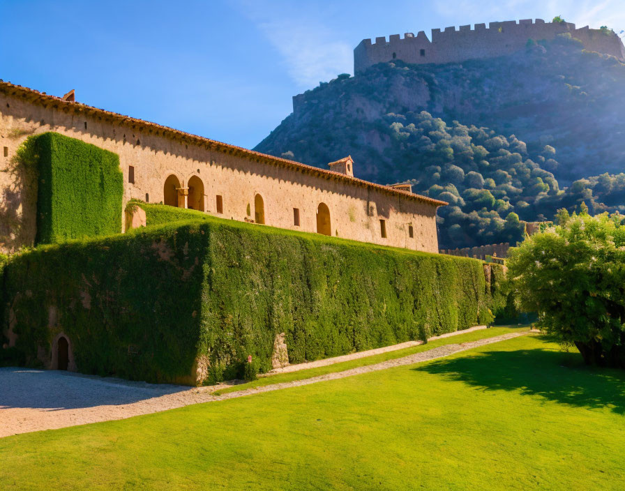 Stone building with ivy-covered archways, hedge, grassy lawn, and hilltop castle under