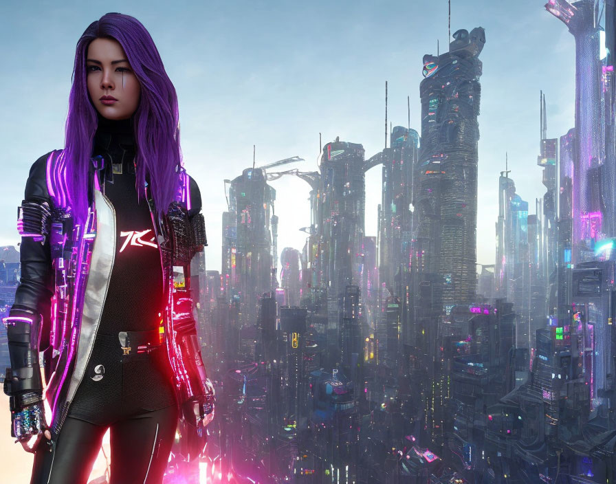 Purple-haired woman in leather jacket against neon cityscape at dusk