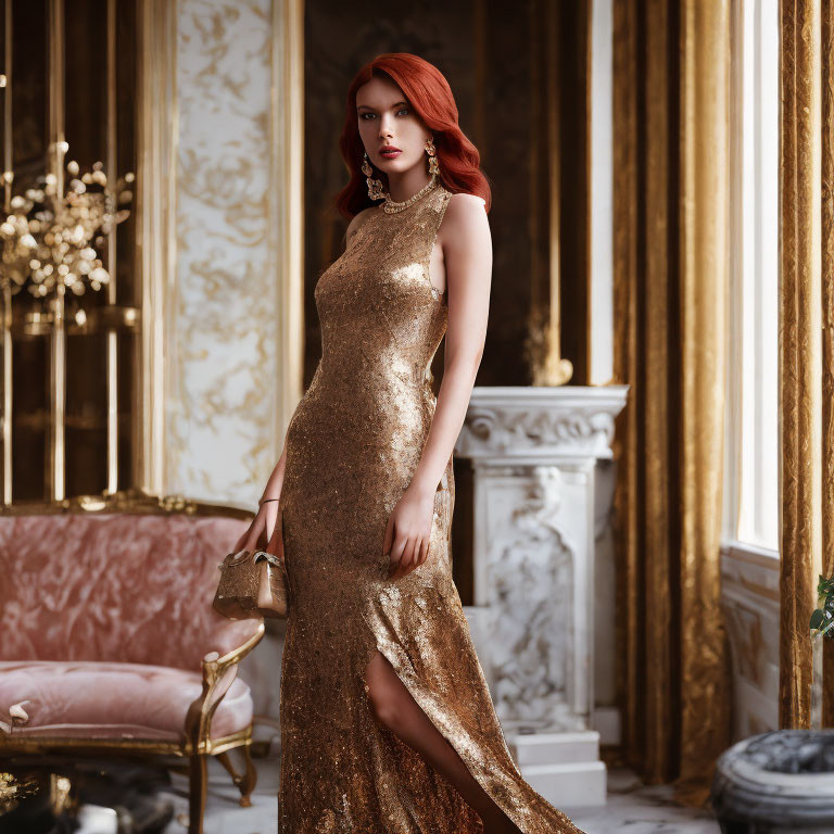 Elegant Woman in Shimmering Gold Gown in Luxurious Room