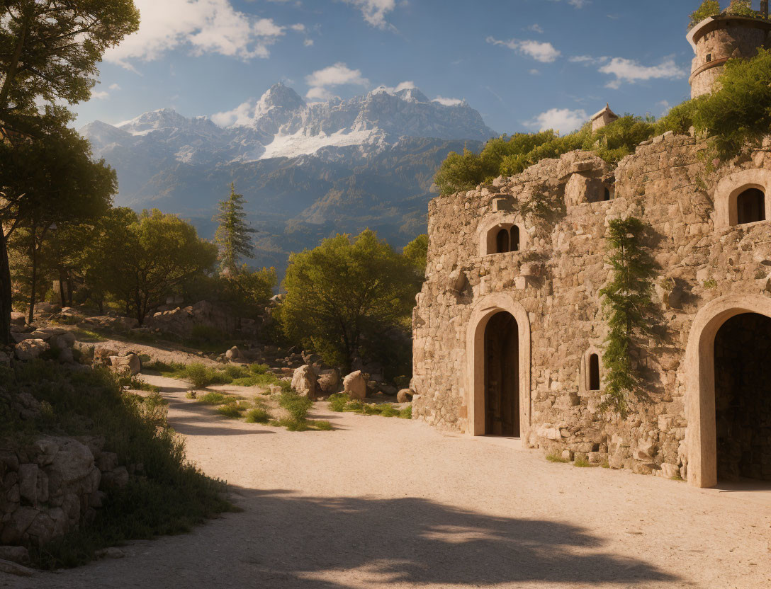 Tranquil landscape with ancient stone building, dirt path, trees, and snowy mountains