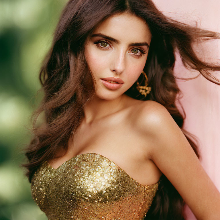 Woman with flowing hair and green eyes in gold sequined top on pink background