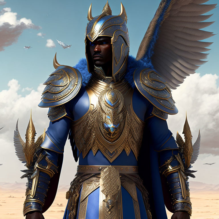 Regal figure in blue and gold armor with wings and helmet in desert landscape