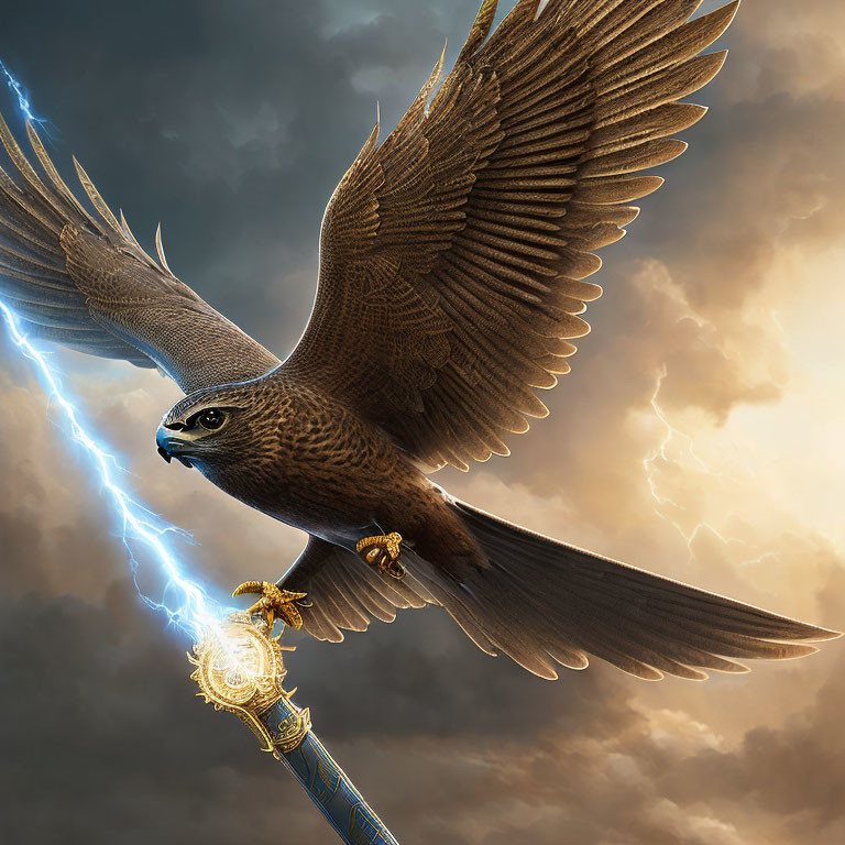 Majestic hawk with glowing sword in stormy sky