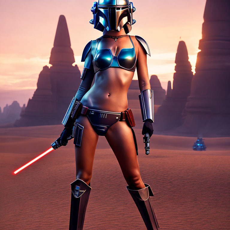 Female Mandalorian with red lightsaber, pistol, and blue droid on desert planet.