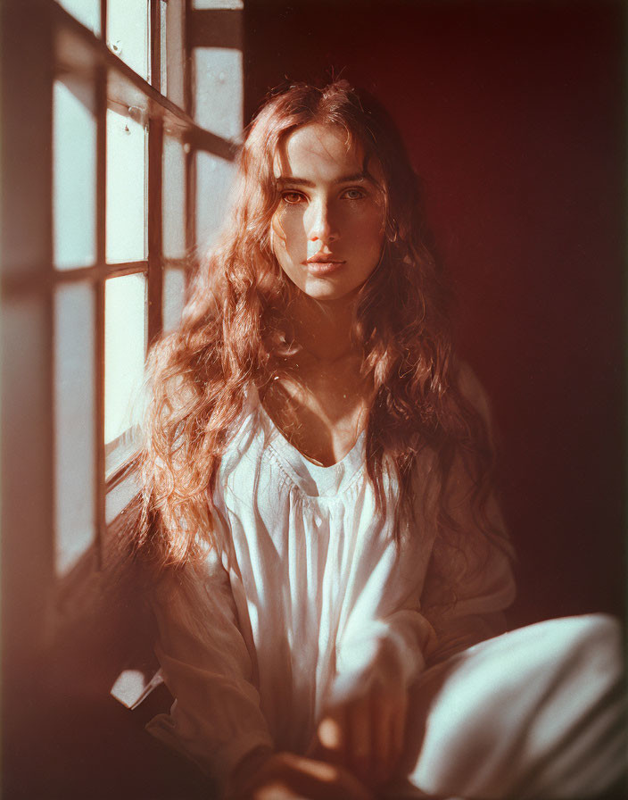 Long-Haired Person in White Blouse Sitting by Sunlit Window