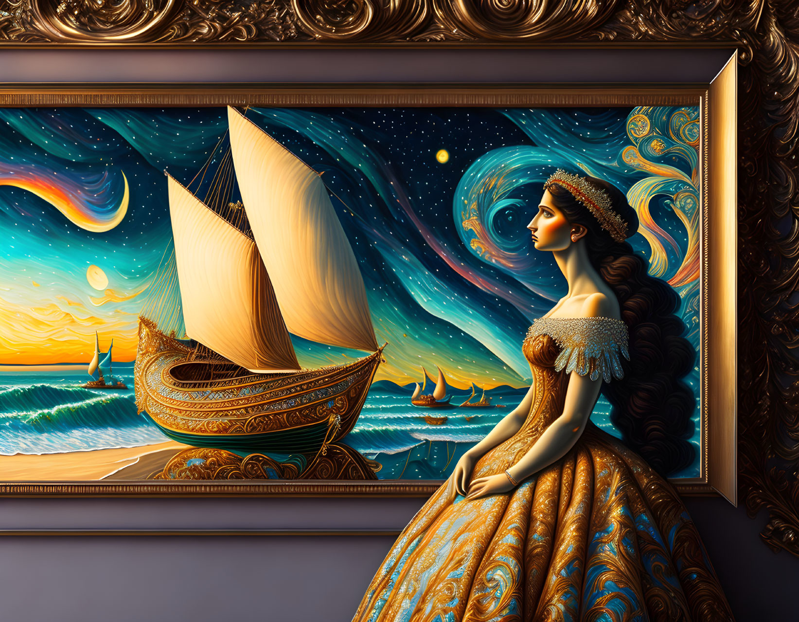 Surreal painting of woman in lavish dress merging with seascape