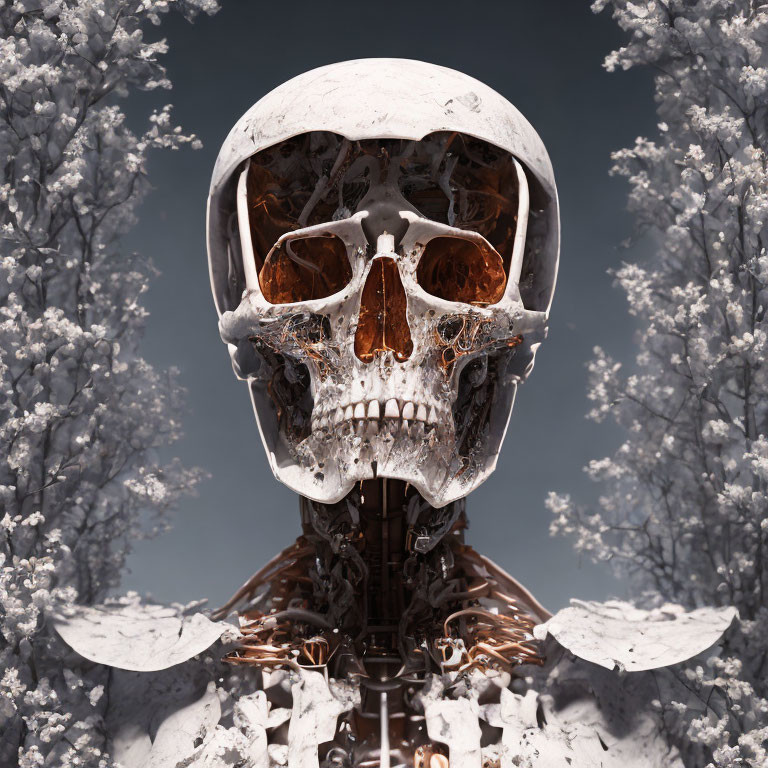 Robotic skeleton with skull head in surreal blossom tree scene