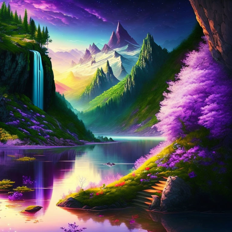 Majestic mythical landscape with waterfall, river, purple flora, mountains