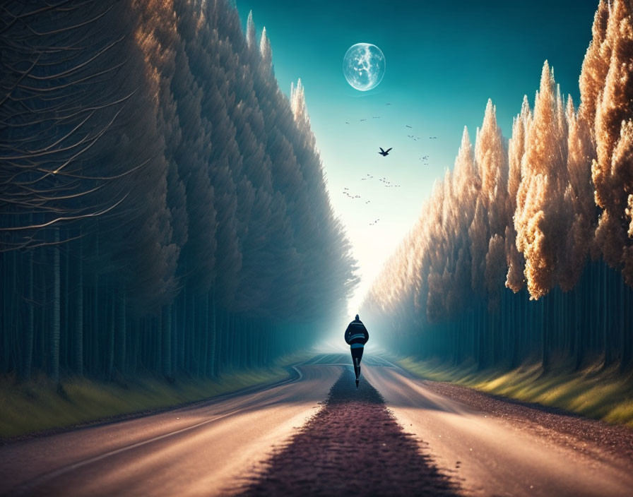 Person standing on tree-lined road under full moon with birds and fog