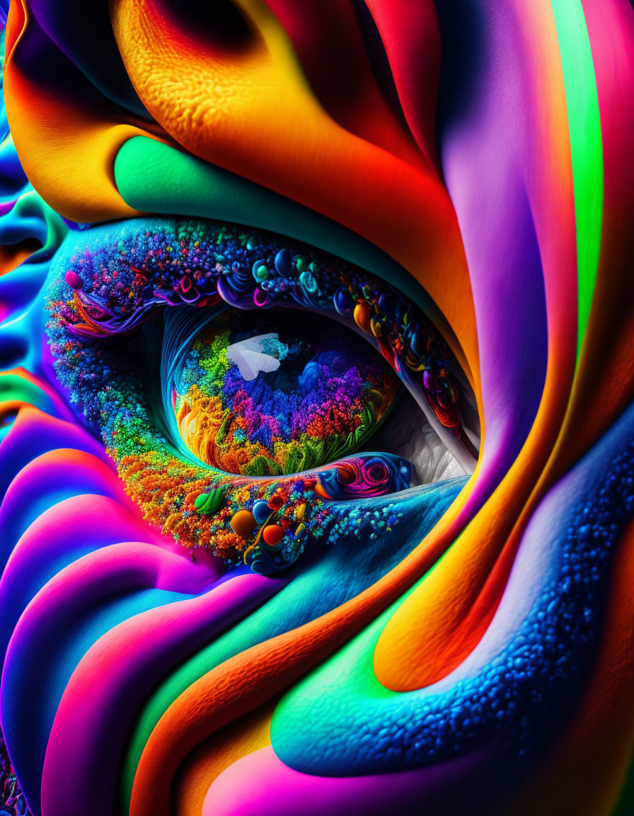 Colorful Psychedelic Digital Artwork with Swirling Patterns and Eye-shaped Landscape