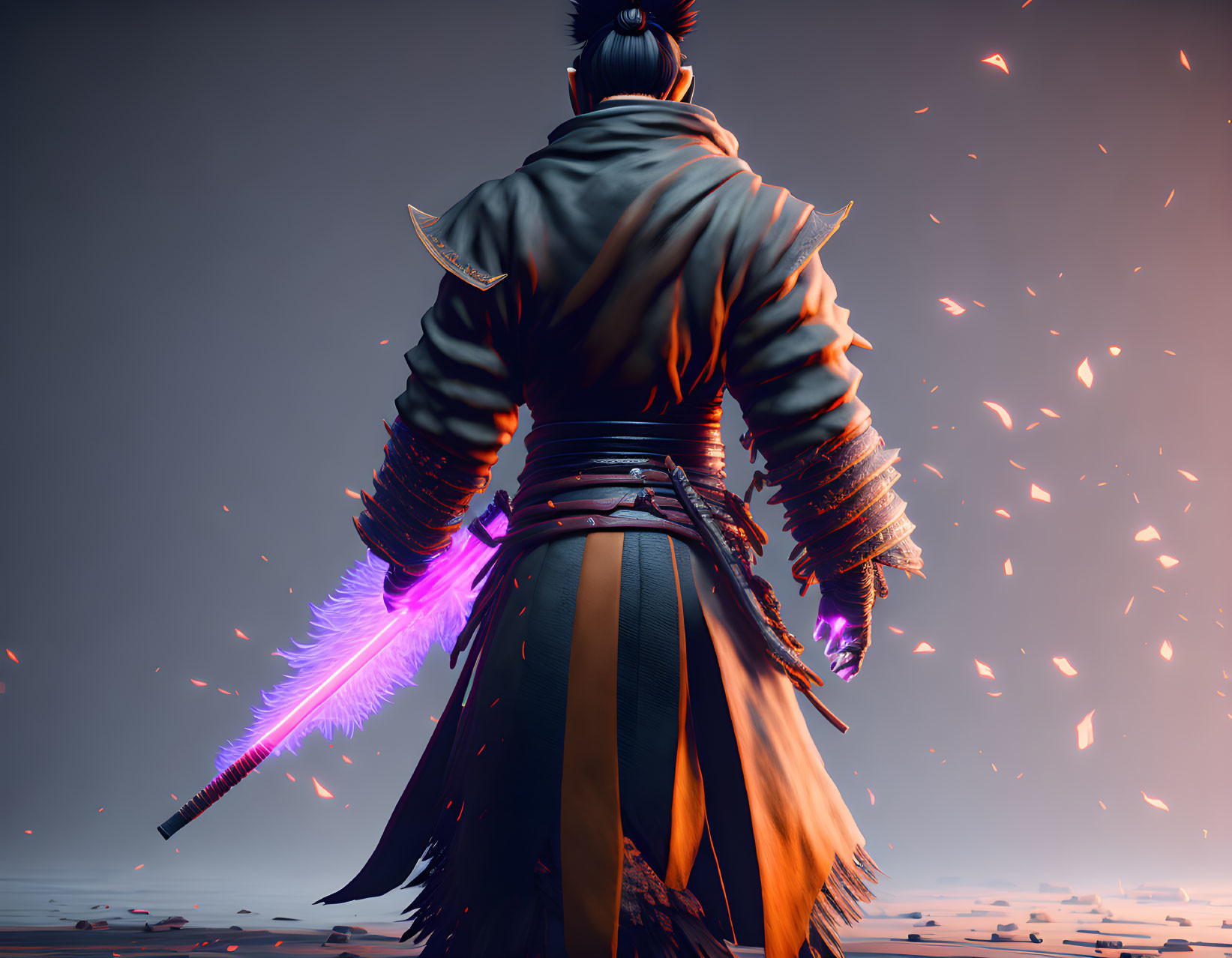 Purple glowing sword warrior in samurai armor surrounded by floating embers