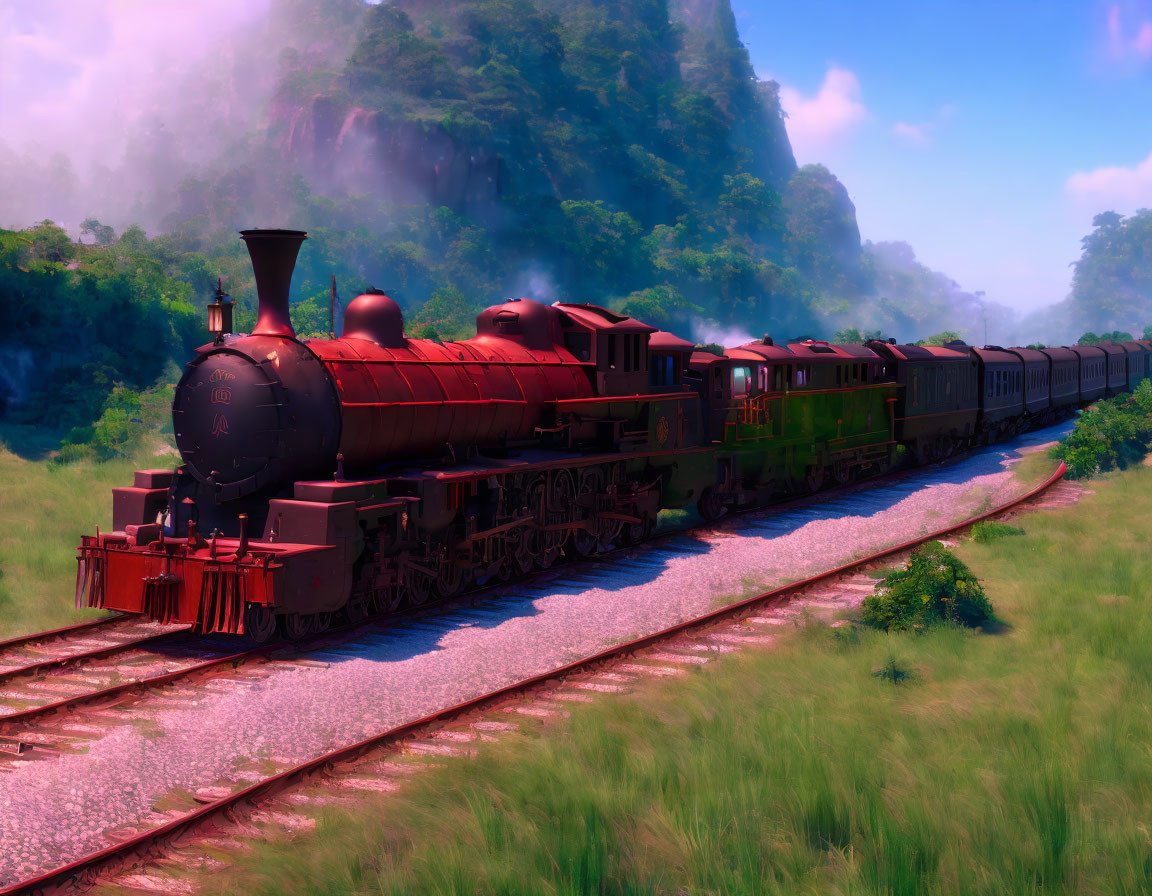 Vintage steam locomotive on curved railway track in misty landscape