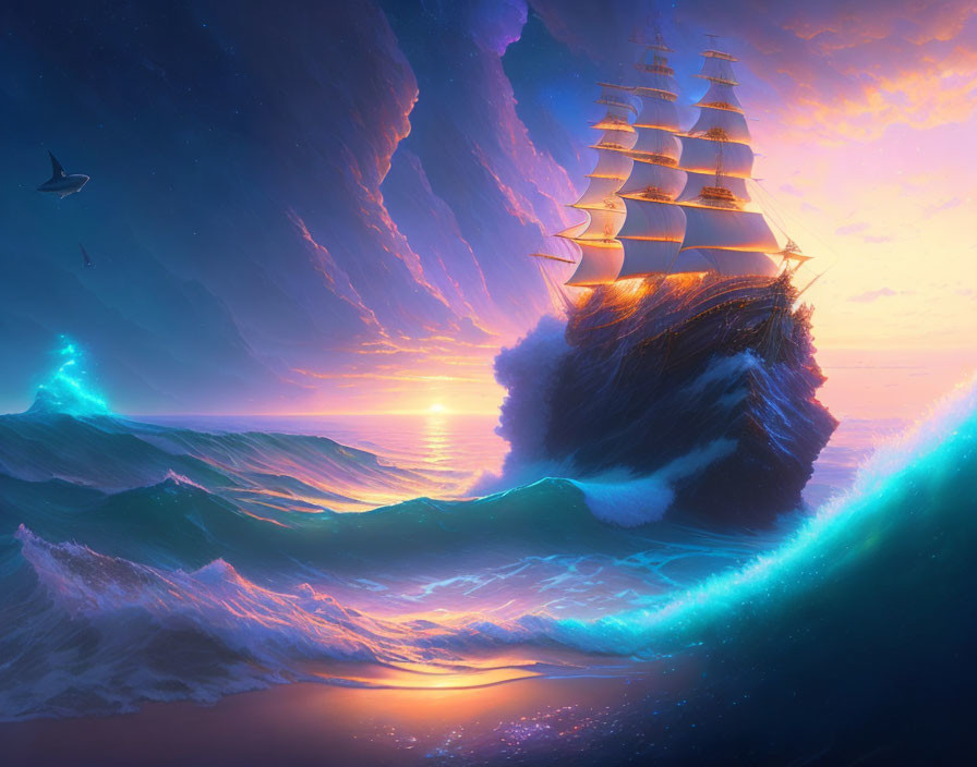 Sailing ship on towering wave under vibrant sunset sky