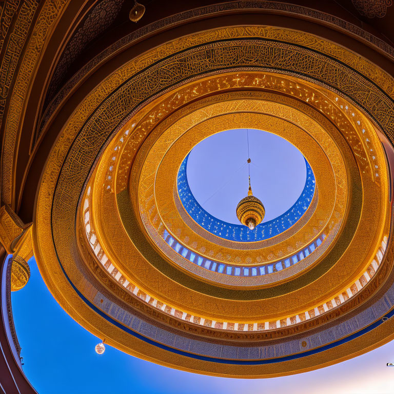 Intricate Circular Ceiling Design with Central Pendant in Twilight Sky