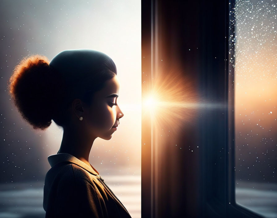 Woman with bun gazing out window in sunlight with floating dust particles.