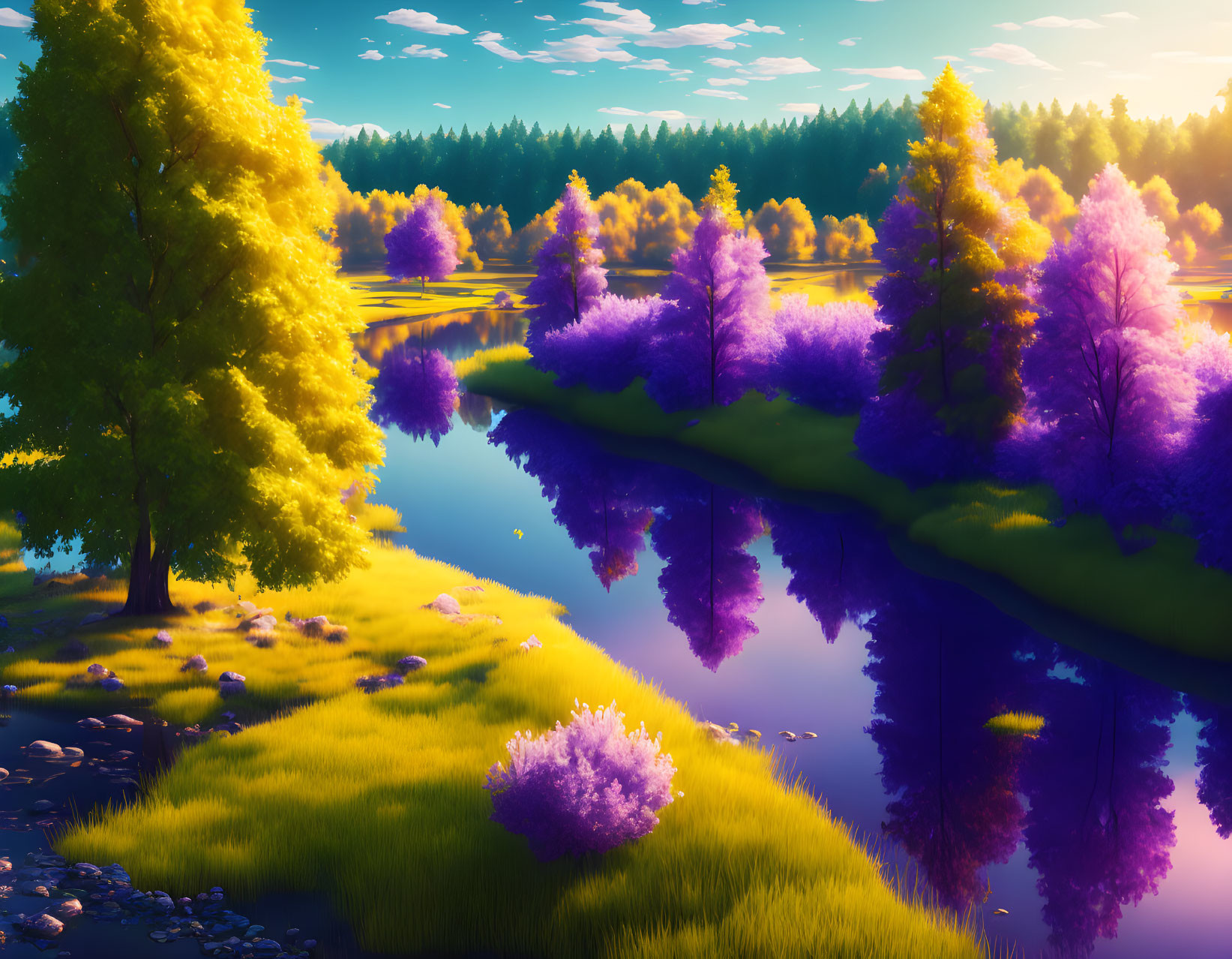 Scenic landscape: calm river, vibrant trees, clear sky