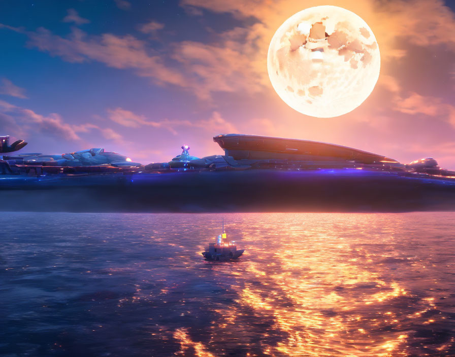 Futuristic harbor with advanced ships under large moon and sunset sky.