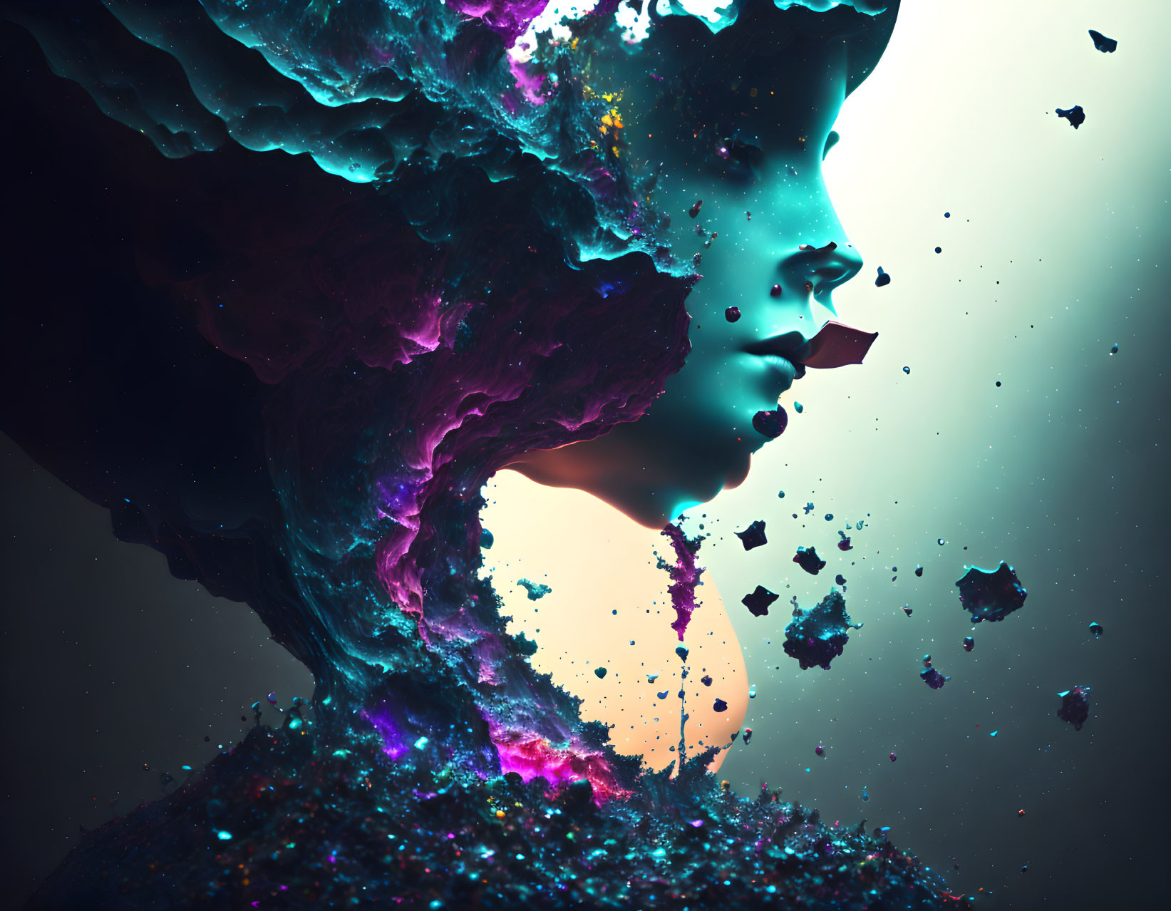 Vibrant surreal artwork: human profile merging with cosmic elements