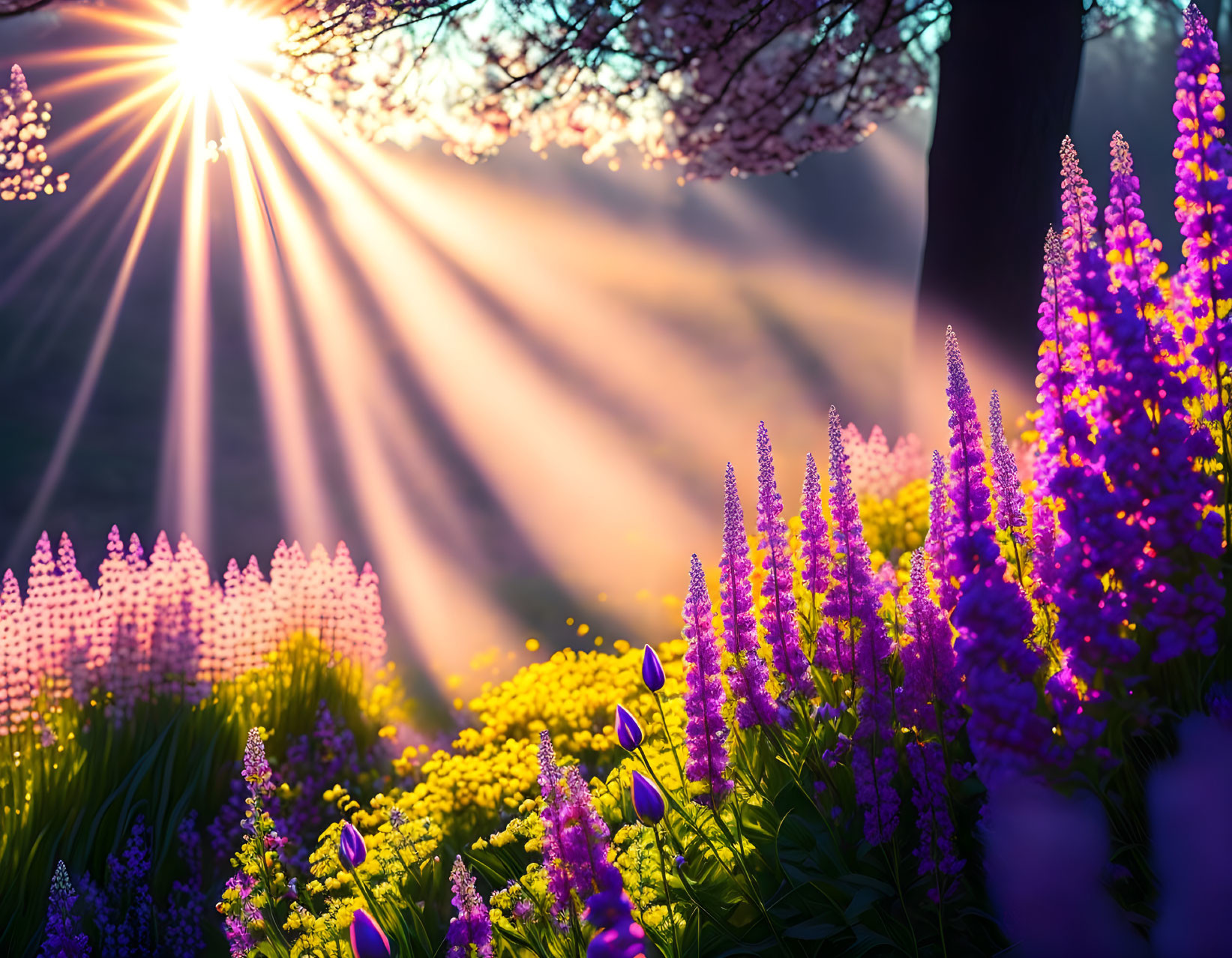 Forest scene: Sunbeams on vibrant wildflowers