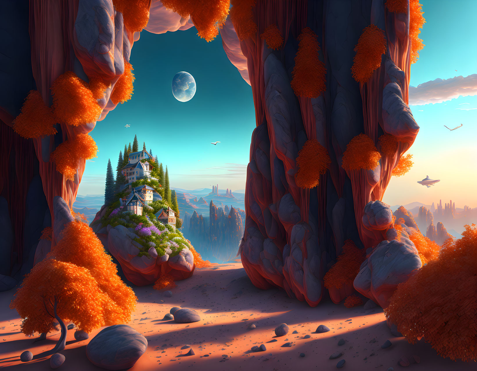 Fantasy landscape: Sunset, orange trees, castle on cliff, moon, floating rocks.