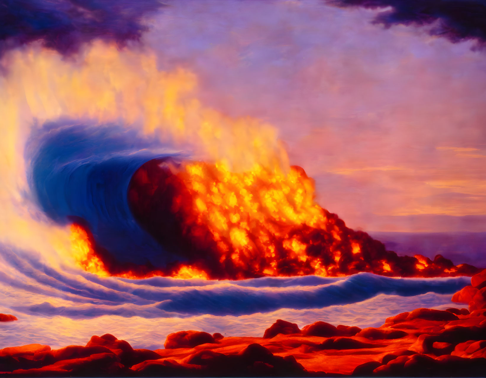 Surreal image: Wave on fire under cloudy sky, blending water and flame in vivid blue and