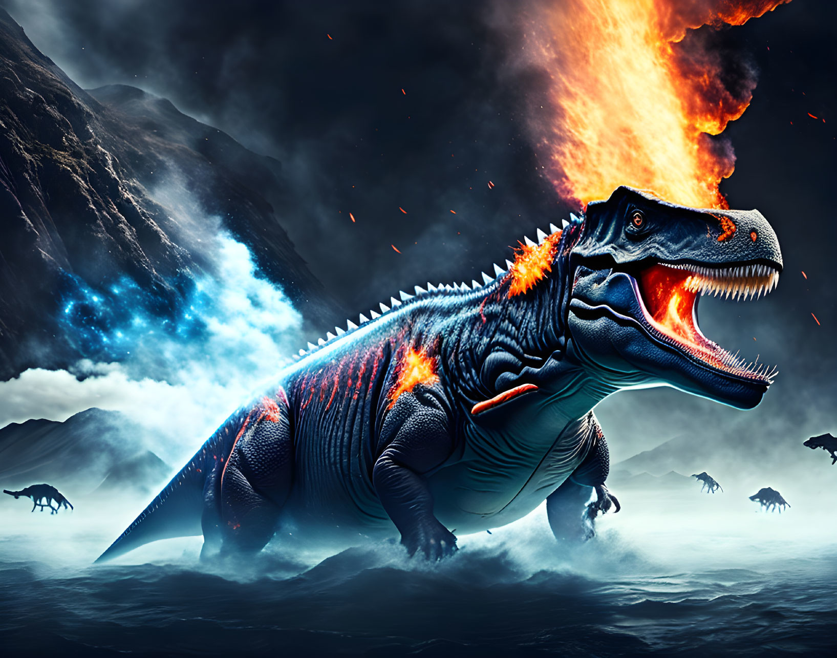 Glowing orange underbelly dinosaur in volcanic landscape