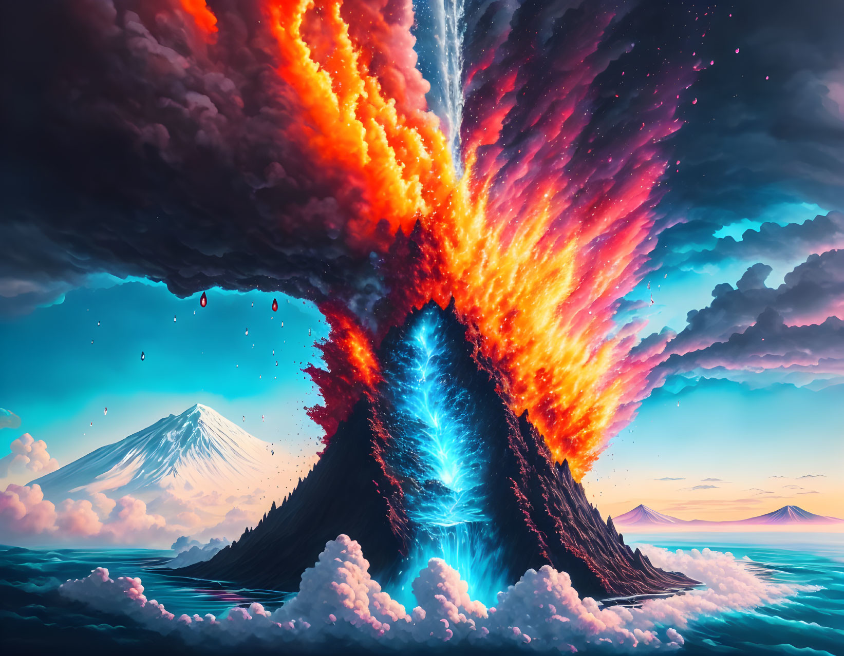 Digital artwork of erupting volcano in serene sea with fiery lava