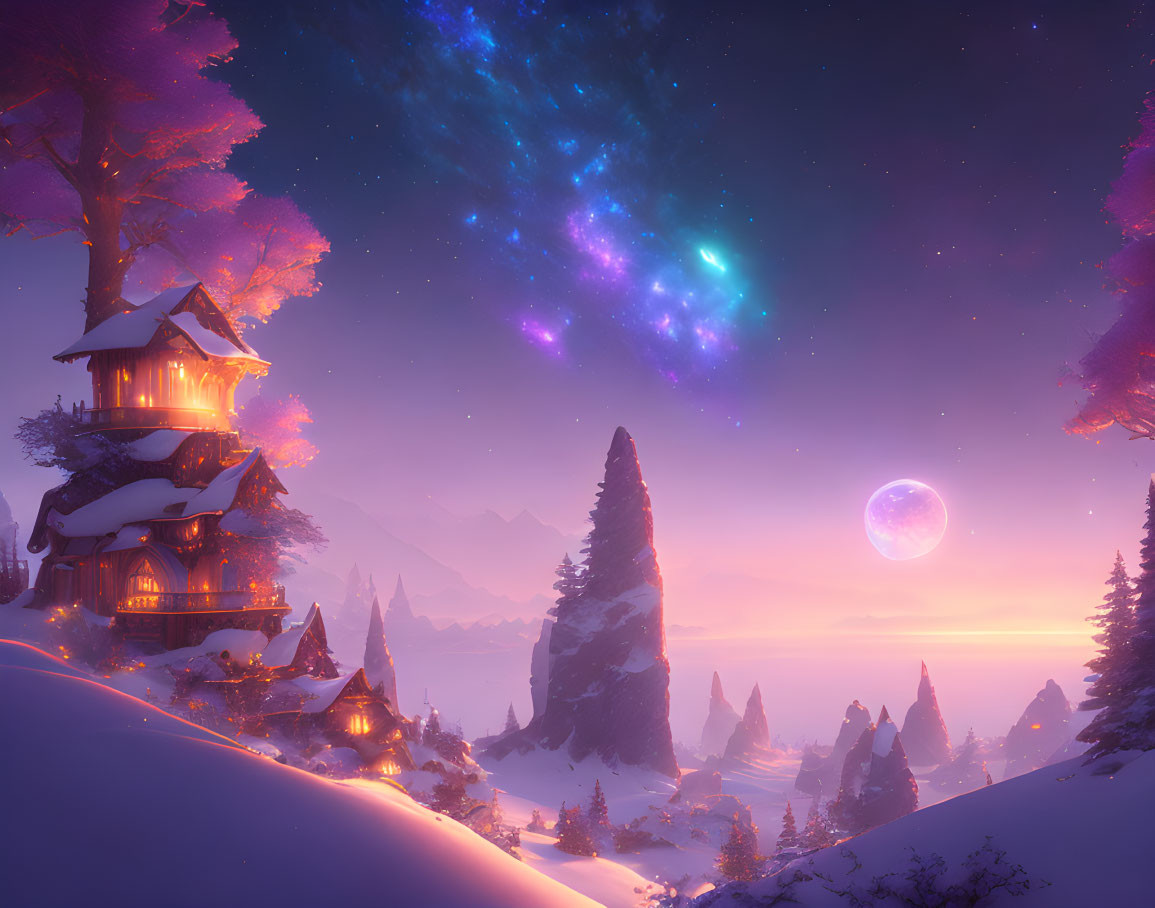 Winter Dusk: Cozy Houses, Snowy Trees, Purple Skies