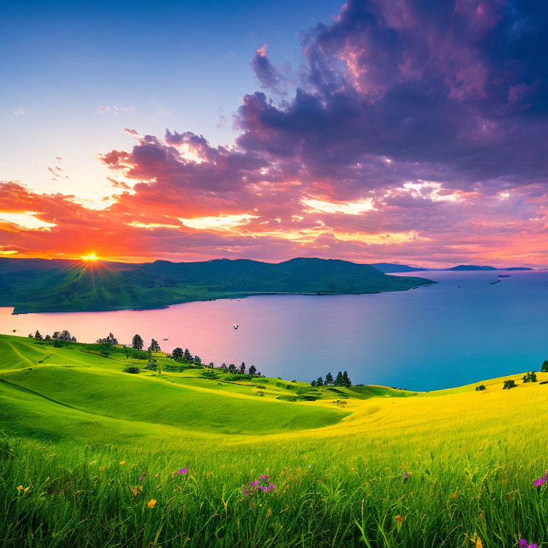 Vibrant sunset landscape with green hill, blue lake, purple and orange sky