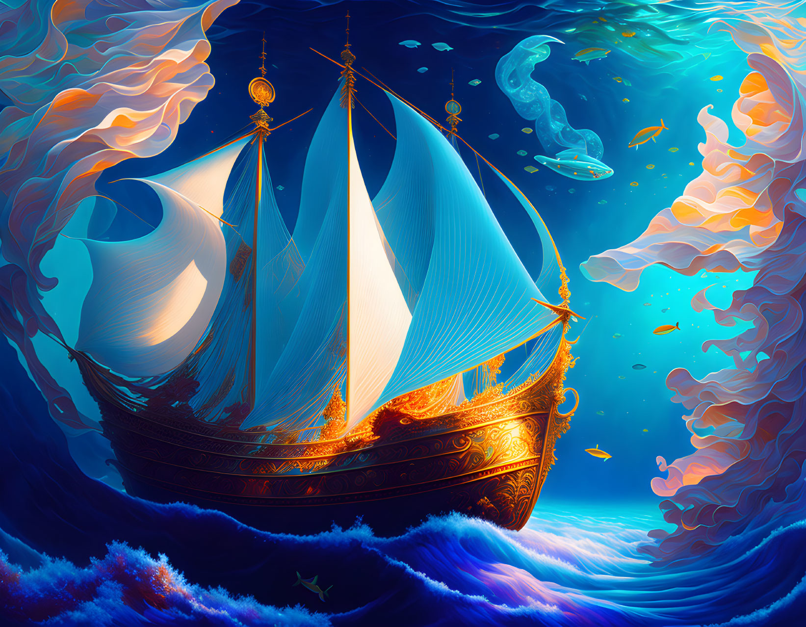 Colorful illustration of gilded ship on surreal blue sea with fish and jellyfish under gleaming sun