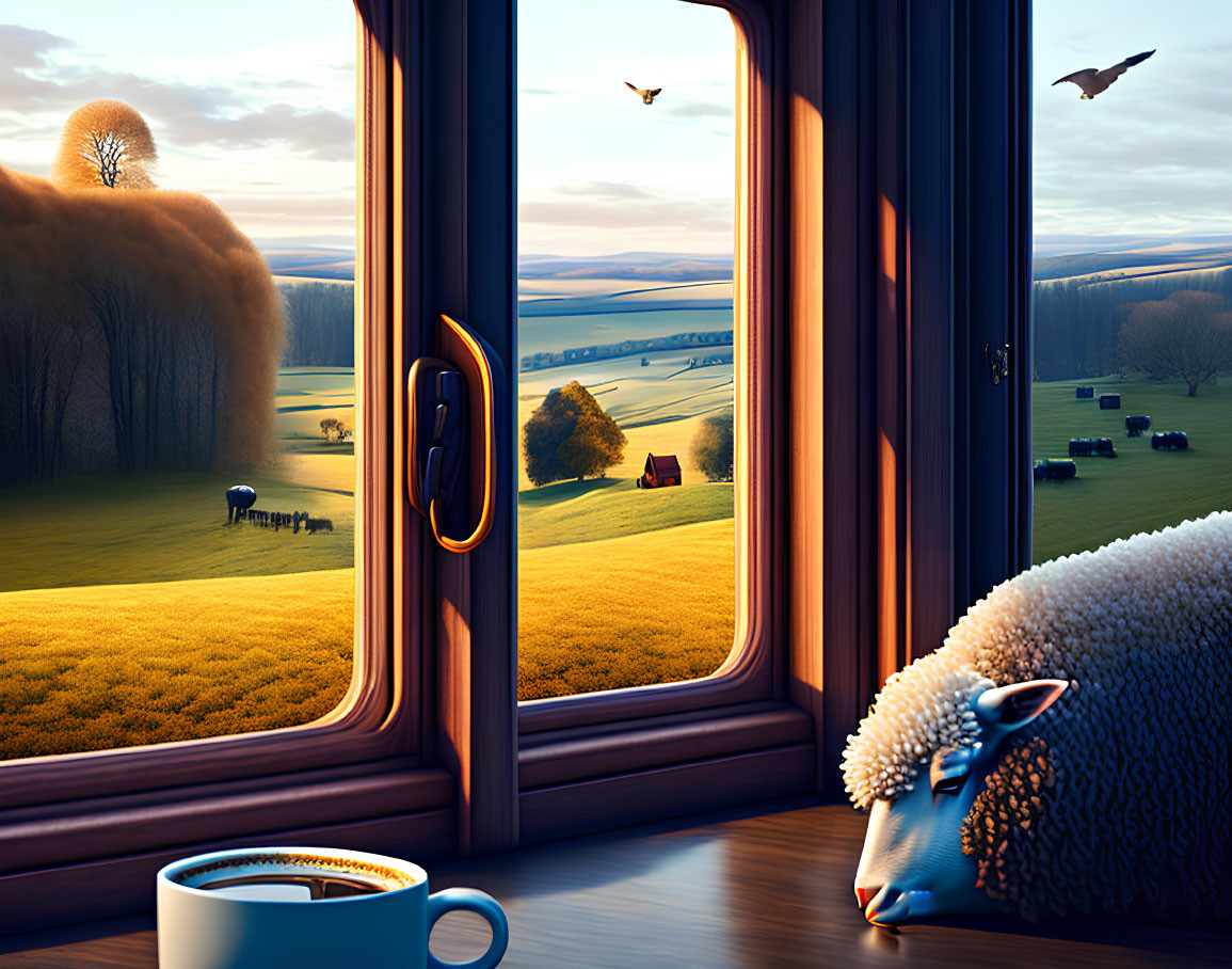 Tranquil rural landscape with sheep and coffee cup in morning view